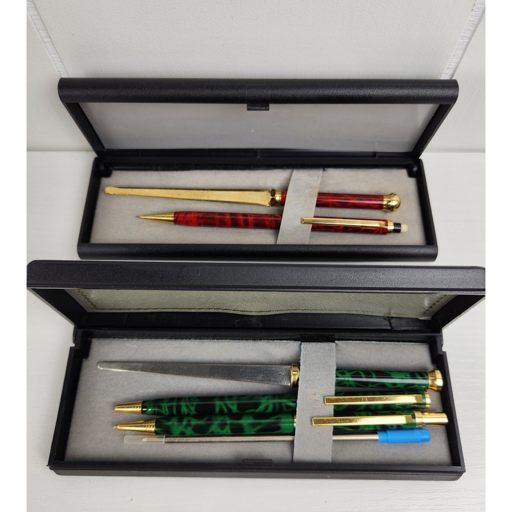 Vintage Mechanical Pencil Pen Letter Opener Red Green Marbled Taiwan 2 Sets
